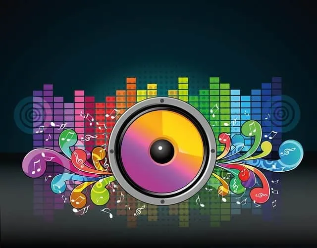 Vibrant speaker with colorful sound waves, music notes, and equalizer bars representing digital music, sound engineering, and