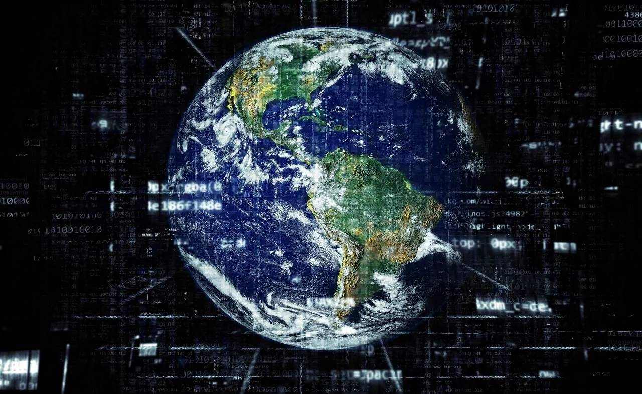 Earth globe with digital data streams, representing global technology, data connectivity, and digital innovation.