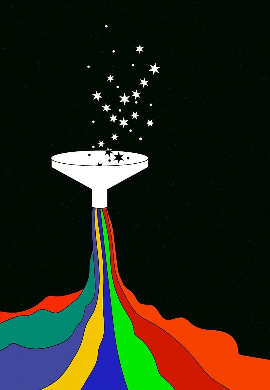 Rainbow-colored stream flowing into a white funnel emitting star shapes into a starry black sky.