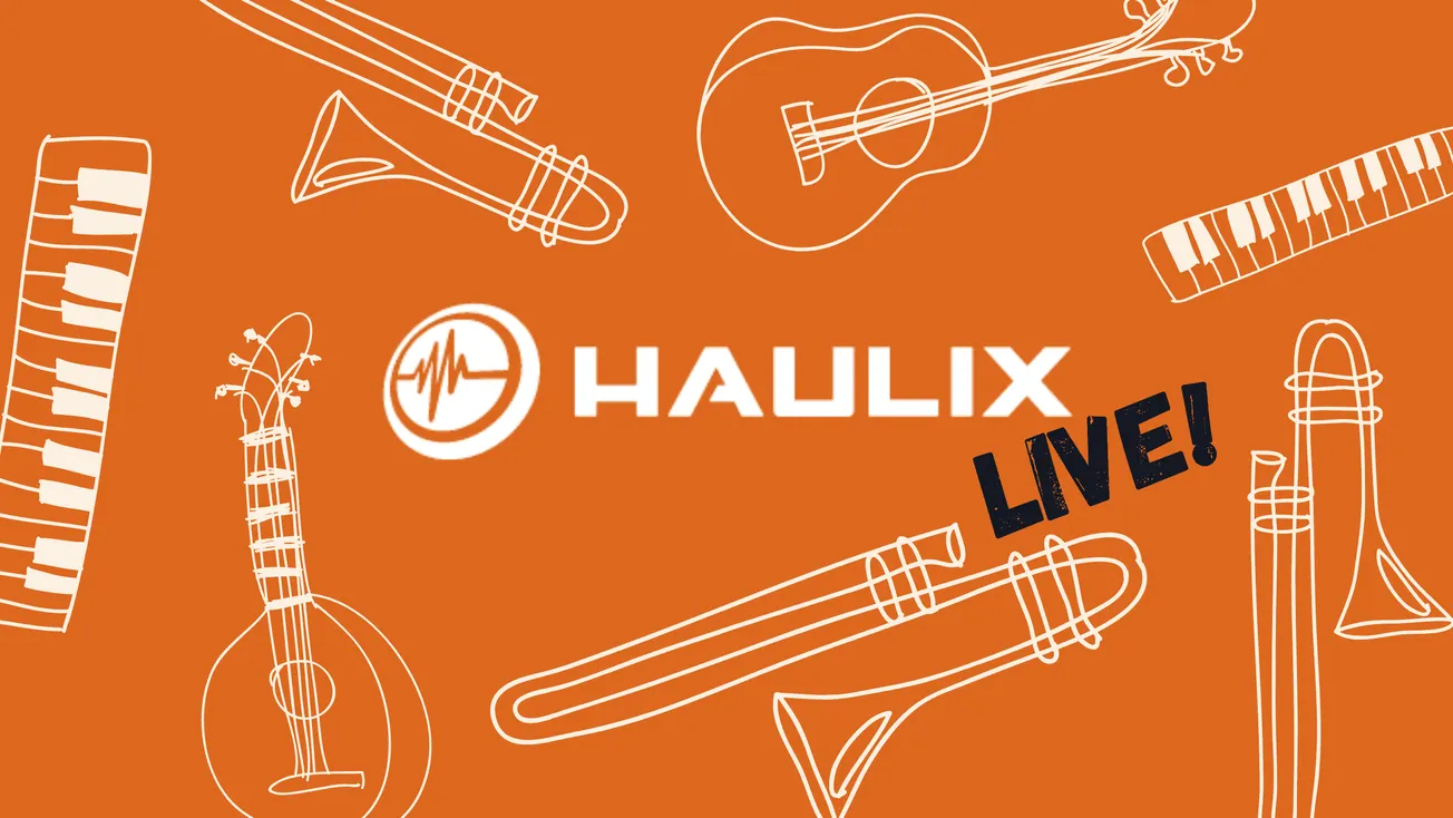Bright orange background with white outline illustrations of musical instruments including piano, guitar, trumpet, saxophone,