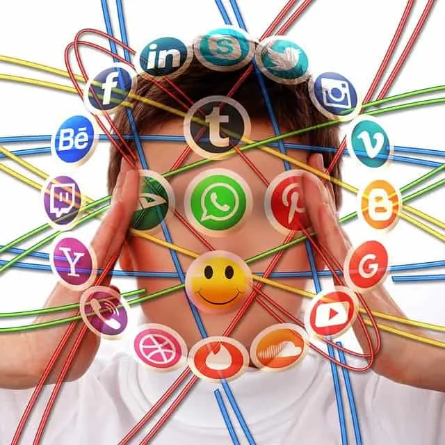 LinkedIn, Facebook, Twitter, Instagram, YouTube, and other social media icons interconnected with colorful lines illustrating