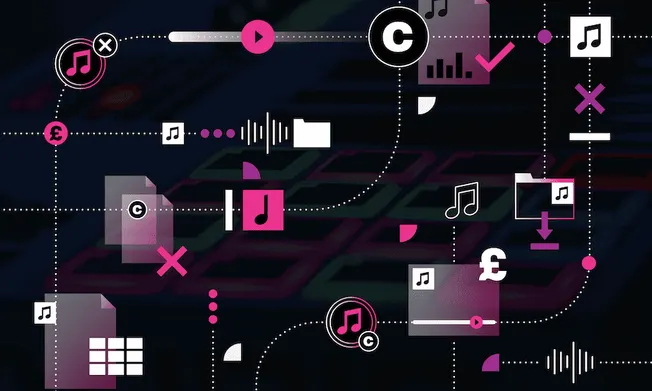 Streaming music marketing digital icons, musical notes, and analytics charts representing digital music industry insights and