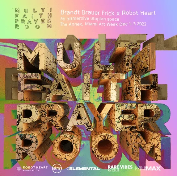 Colorful urban art installation featuring large 3D text "MULTI FAITH PRAYER ROOM" with textured, cracked surfaces and vibrant